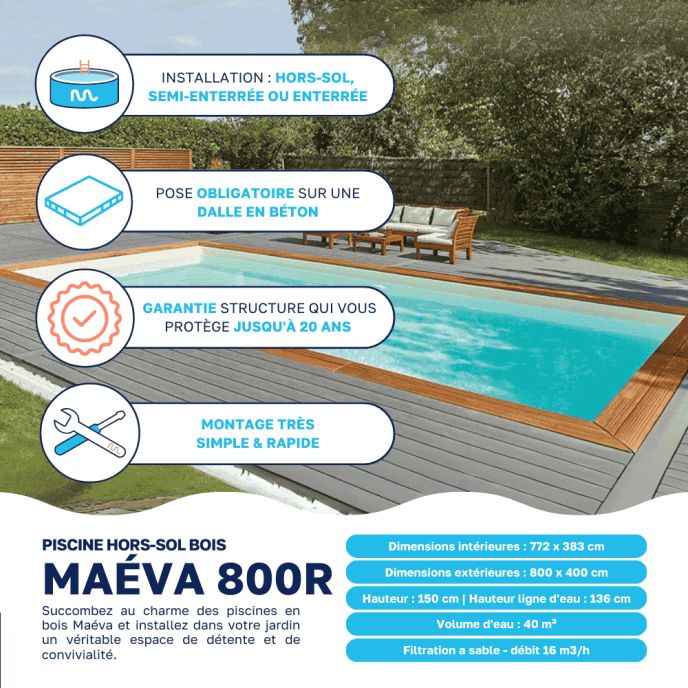 Piscine bois Maéva 800 x 400 x H.150 cm rectangulaire