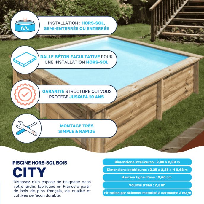 Piscine bois City 225 x 225 x H 68 cm