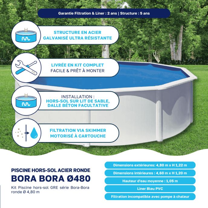 Piscine acier Gré ronde Bora Bora Ø 480 x 122 cm - Filtre à cartouche