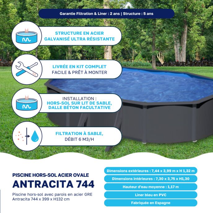 Piscine acier Gré ovale Antracita 7,44 x 3,99 x H.132 cm - Filtre à sable