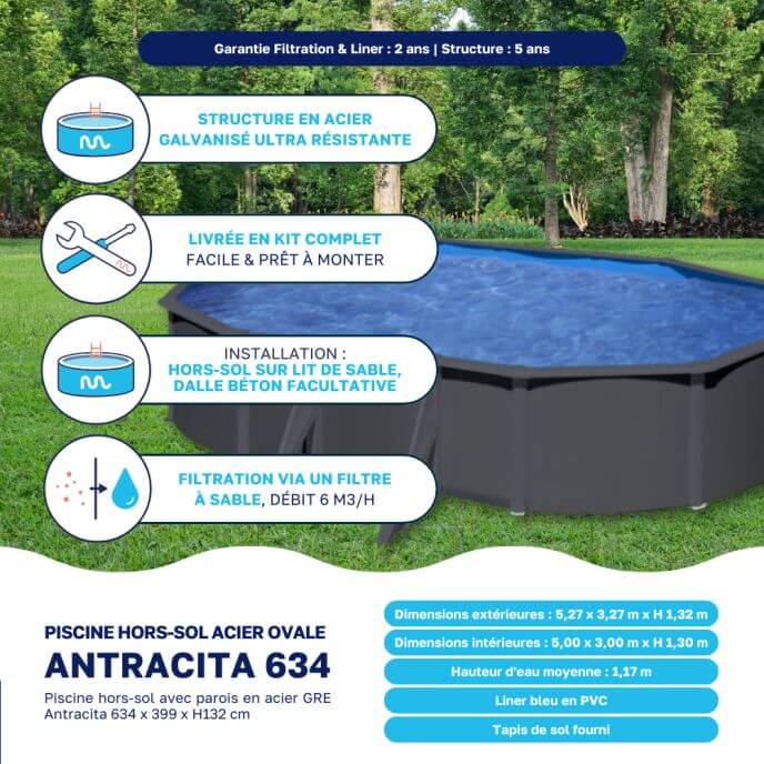 Piscine acier Gré ovale Antracita 6,34 x 3,99 x H.132 cm - Filtre à sables