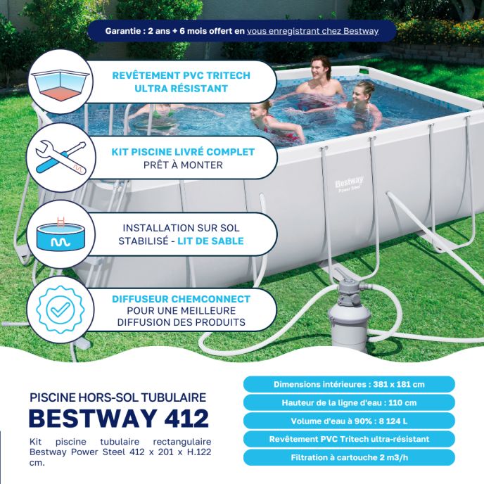 Piscine tubulaire Bestway rectangulaire 4,12 x 2,01 x 1,22 m Power Steel