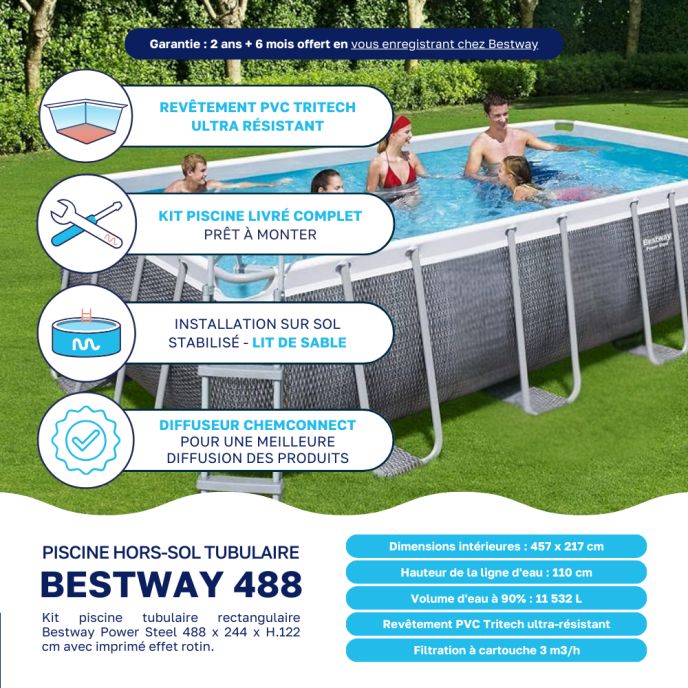 Piscine tubulaire Bestway rectangulaire 4,88 x 2,44 x 1,22 m Power Steel Rotin