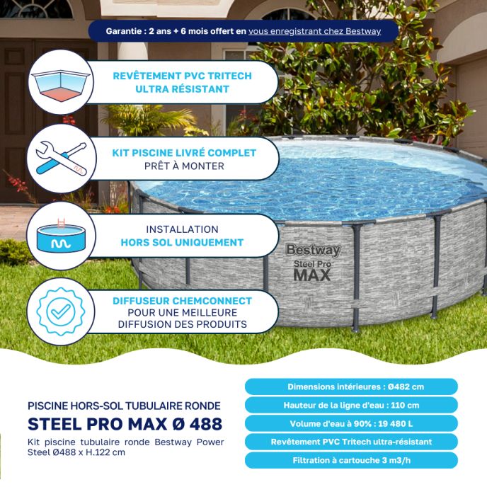 Piscine tubulaire Bestway ronde Ø 4,88 x 1,22 m Steel Pro Max - Motif pierres grises