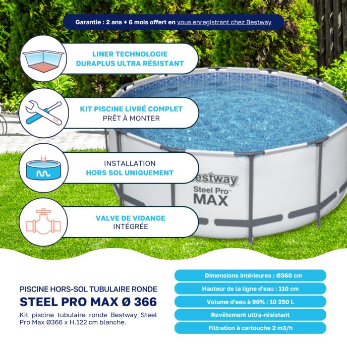 Piscine tubulaire Bestway ronde Ø 3,66 x 1,22 m Steel Pro Max