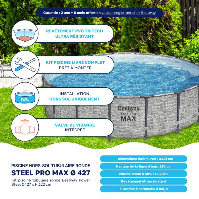 Piscine tubulaire Bestway ronde Ø 4,27 x 1,22 m Steel Pro Max - Motif pierres grises