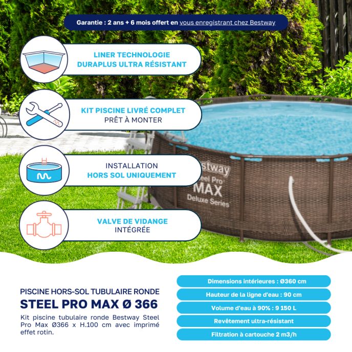 Piscine tubulaire Bestway ronde Ø 3,66 x 1,00 m Steel Pro Max - Rotin