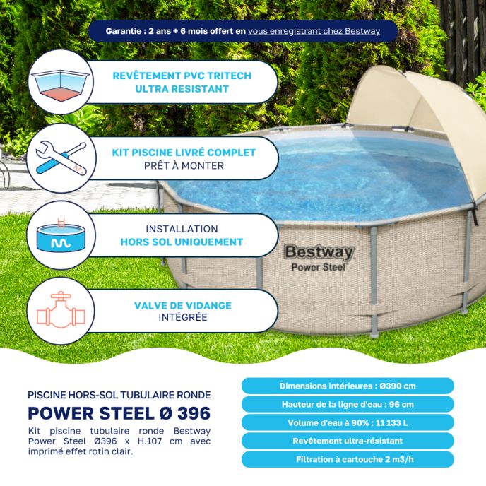 Piscine tubulaire Bestway ronde Ø 3,96 x 1,07 m Power Steel