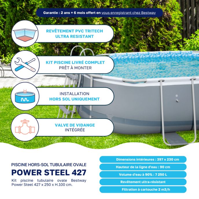 Piscine tubulaire Bestway ovale 4,27 x 2,50 x 1,00 m Power Steel