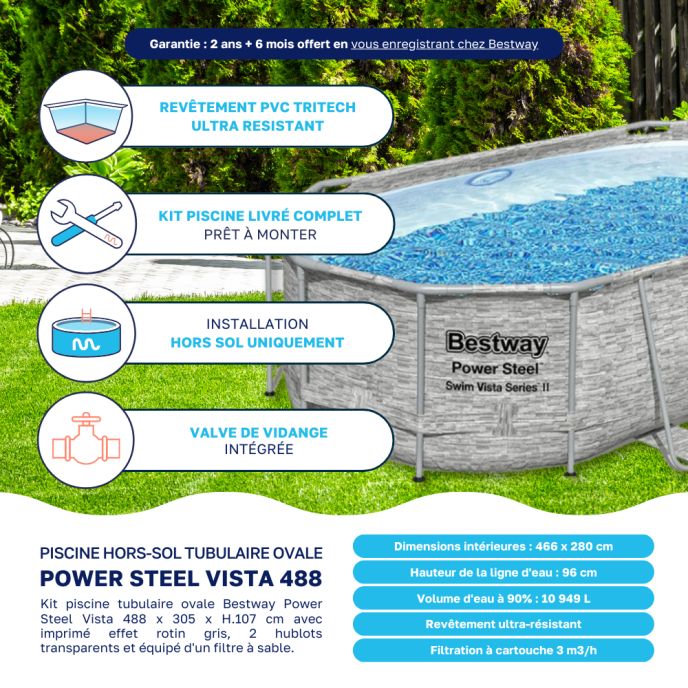 Piscine tubulaire Bestway ovale 4,88 x 3,05 x 1,07 m Power Steel Vista (Filtre à sable)