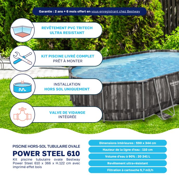 Piscine tubulaire Bestway ovale 6,10 x 3,66 x 1,22 m Power Steel